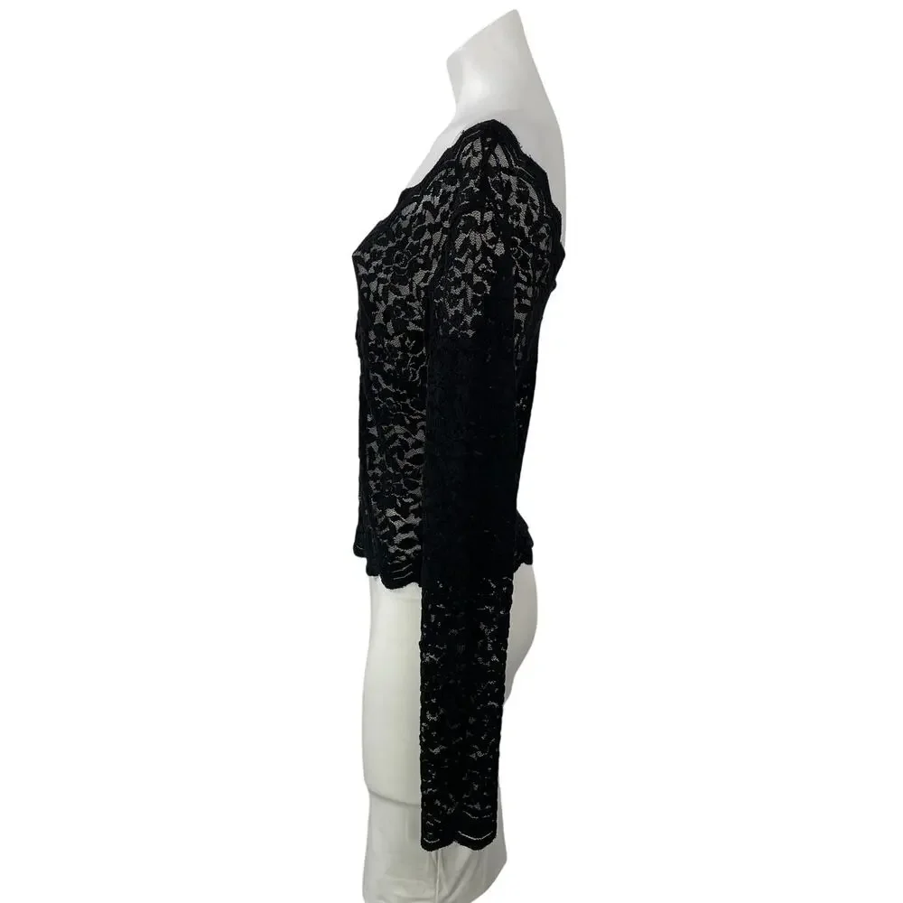 Zara Women's Black Long Sleeves Floral Lace Sheer Plunging V-neck Blouse Top L